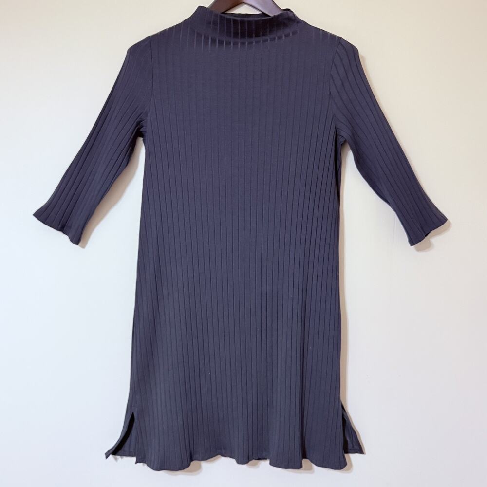 Eileen Fisher Ribbed Funnel Neck SIZE MEDIUM 3/4 Sleeve Jersey Knee Dress Blue